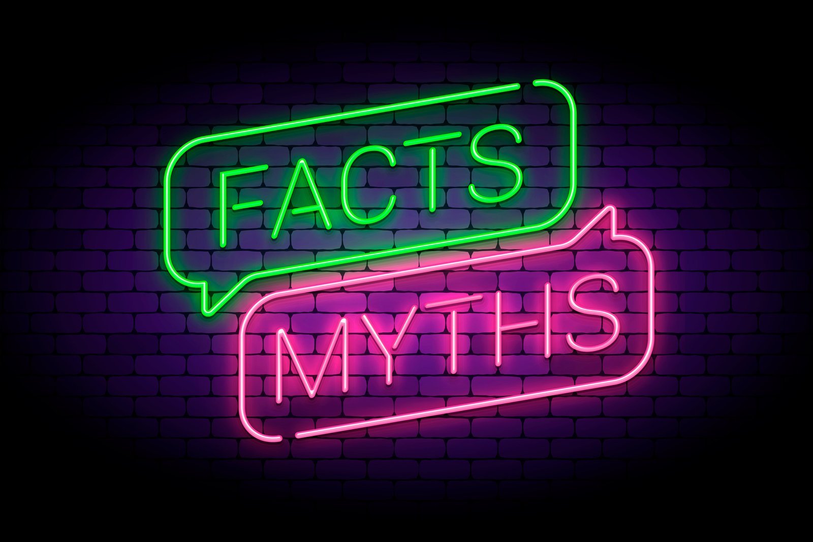 Facts and myths sign in glowing neon style.