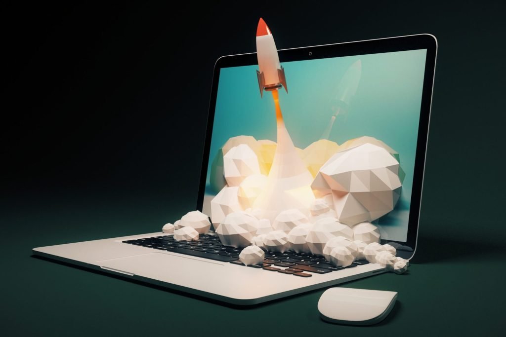 Rocket flying out of laptop symbolising seo and ppc can skyrocket your online presence.